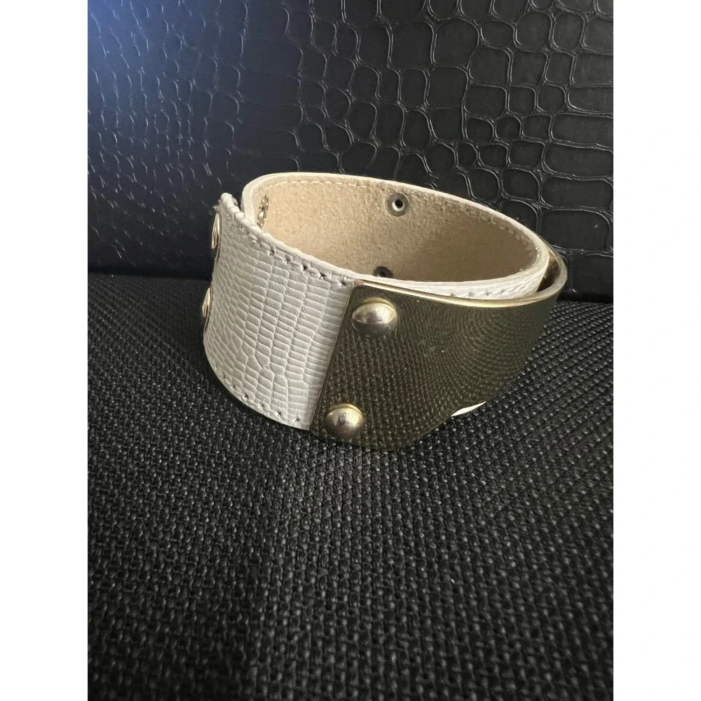White Faux Leather Gold Tone Metal Plate Cuff Bracelet Adjustable Gorpcore